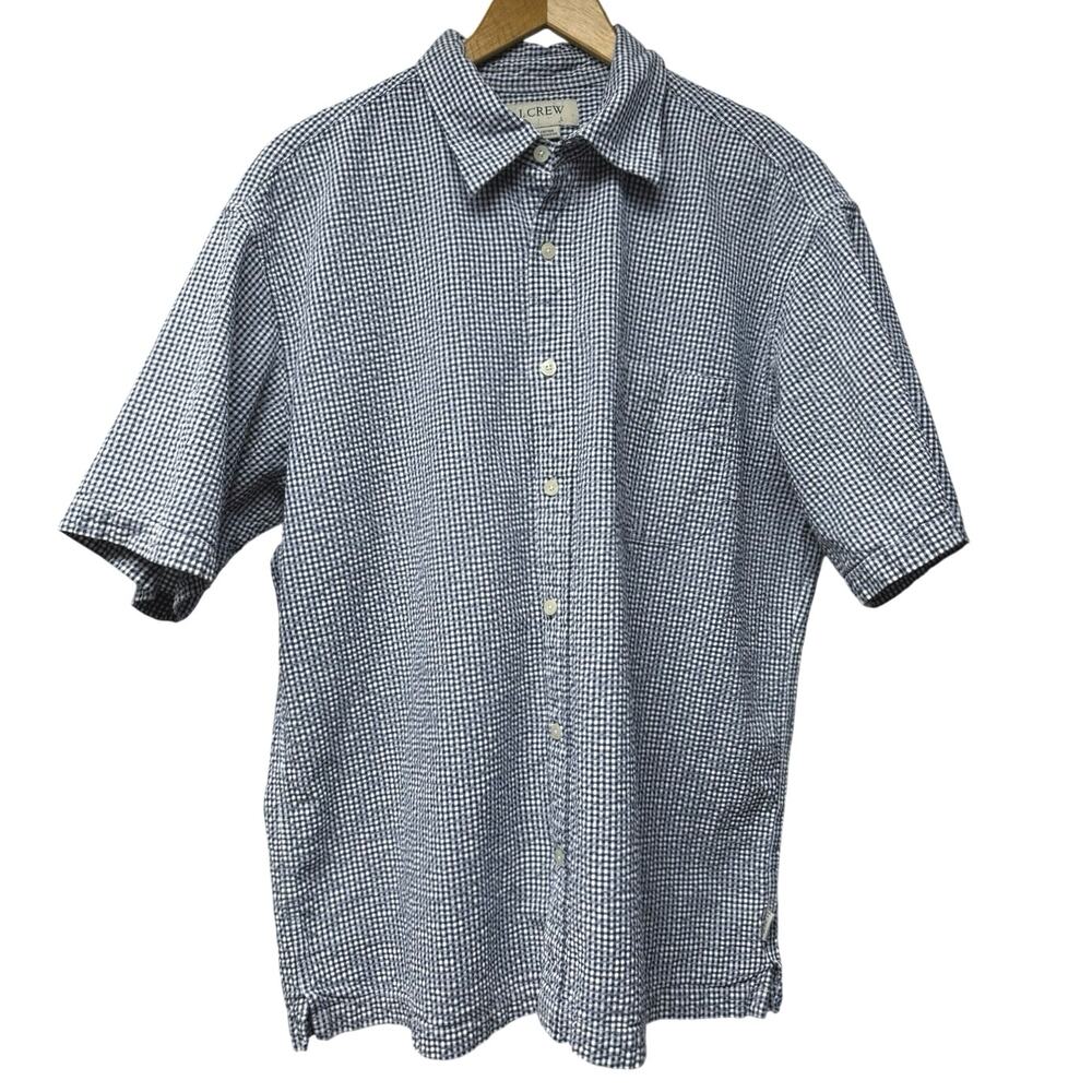 J. Crew Mens Blue White Check Seersucker Short Sleeve Shirt Size Large Button Up